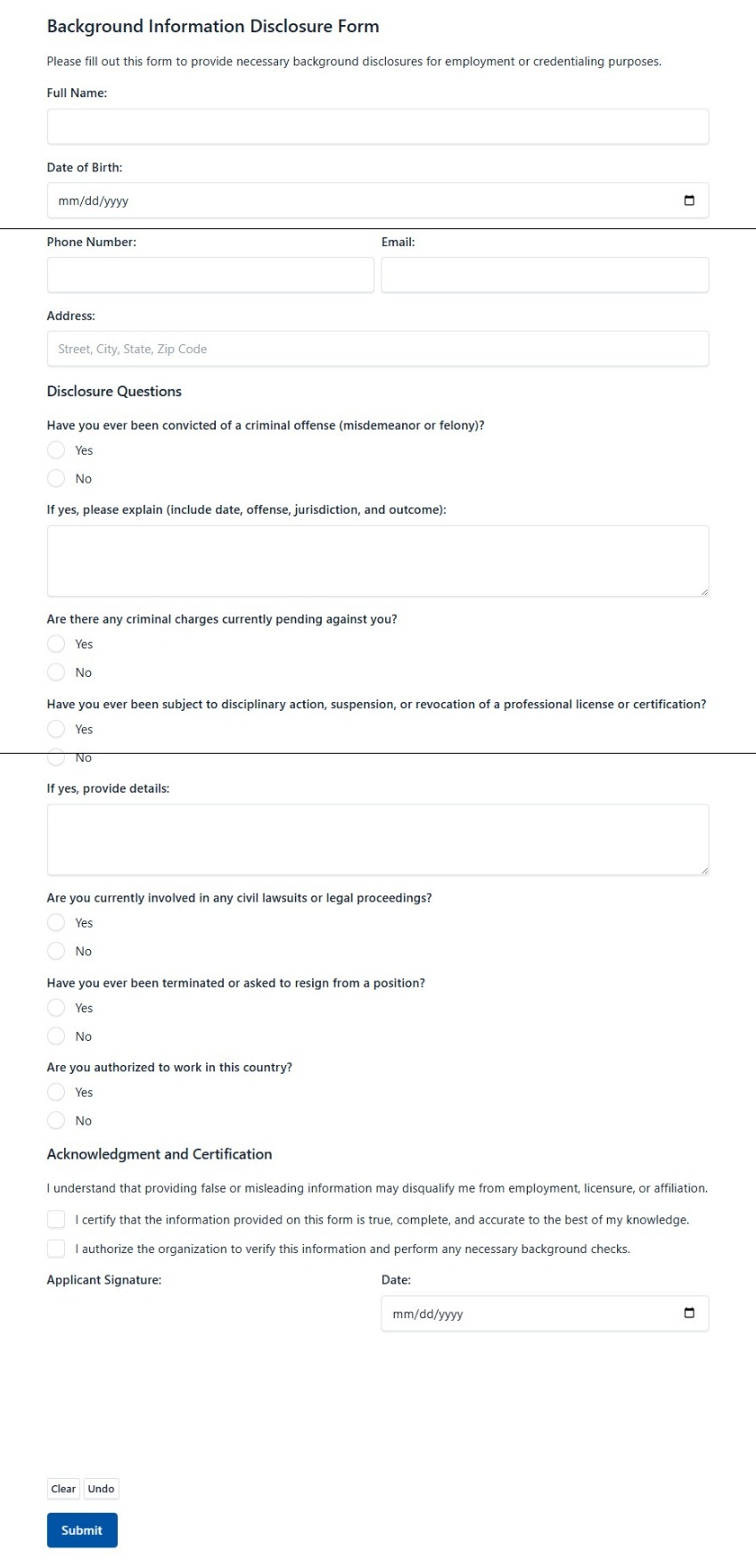Background Information Disclosure Form