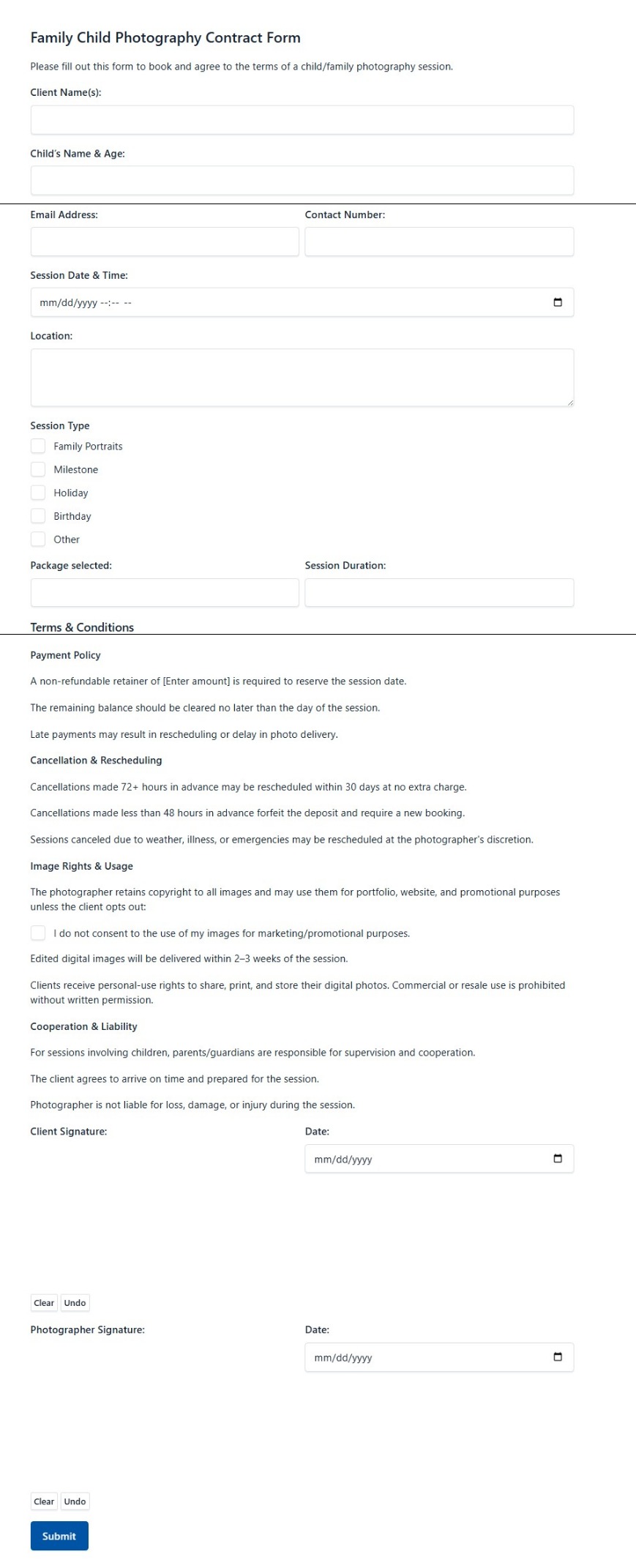 Family Child Photography Contract Form