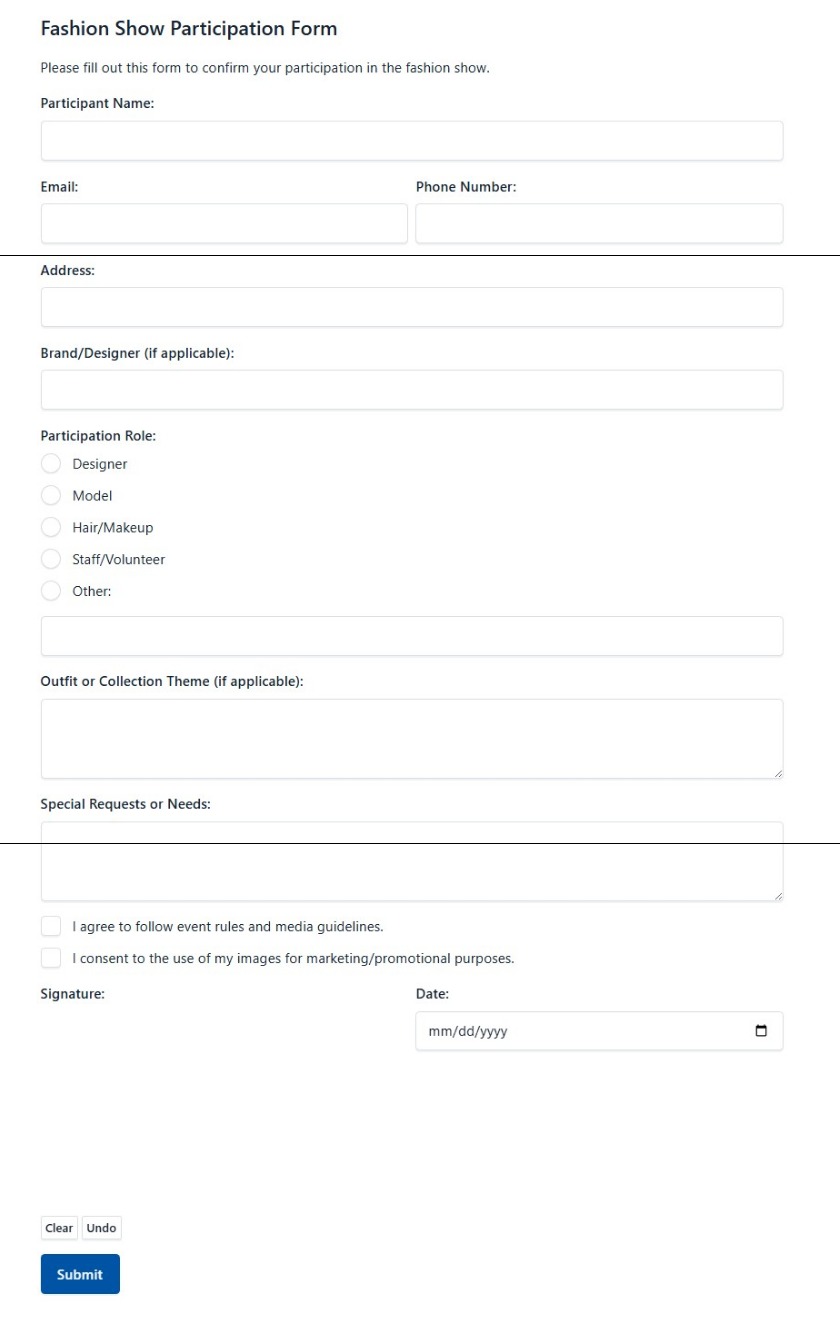 Fashion Show Participation Form